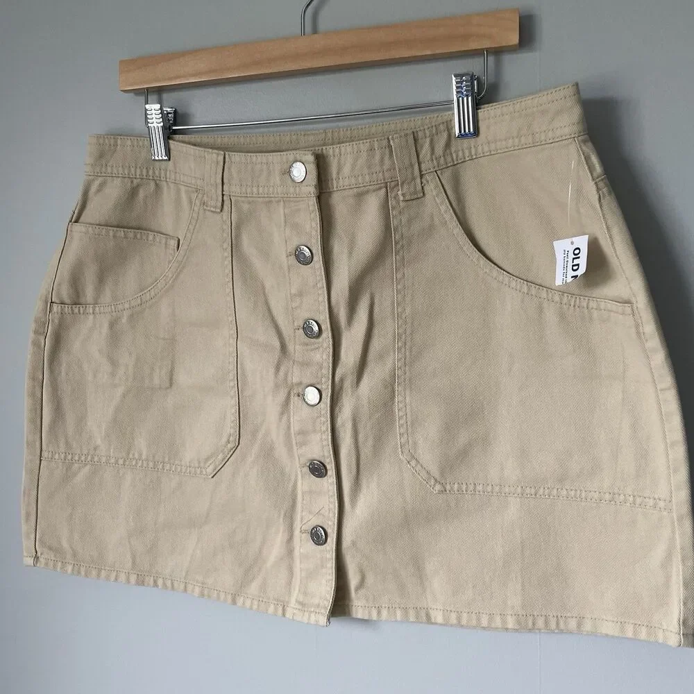 Old Navy Denim Mini Skirt Beige Tan 100% Cotton Button Detail Women's Size 14